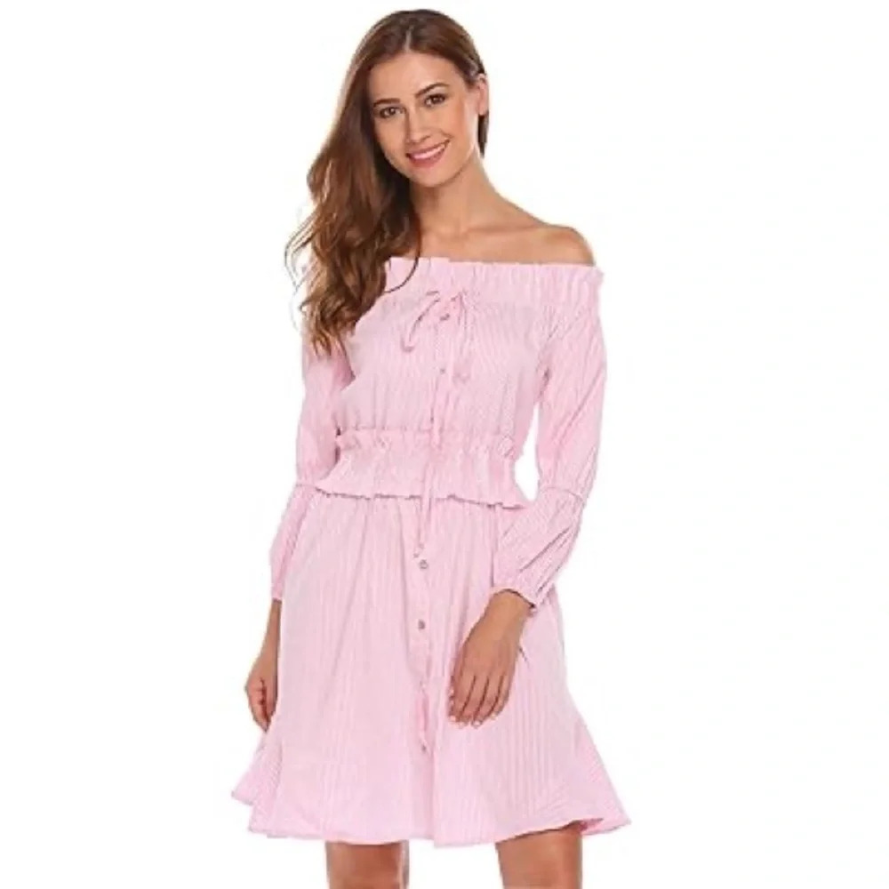 Zeagoo Womens Off The Shoulder Long Sleeve Casual loose stripped shirt dress M